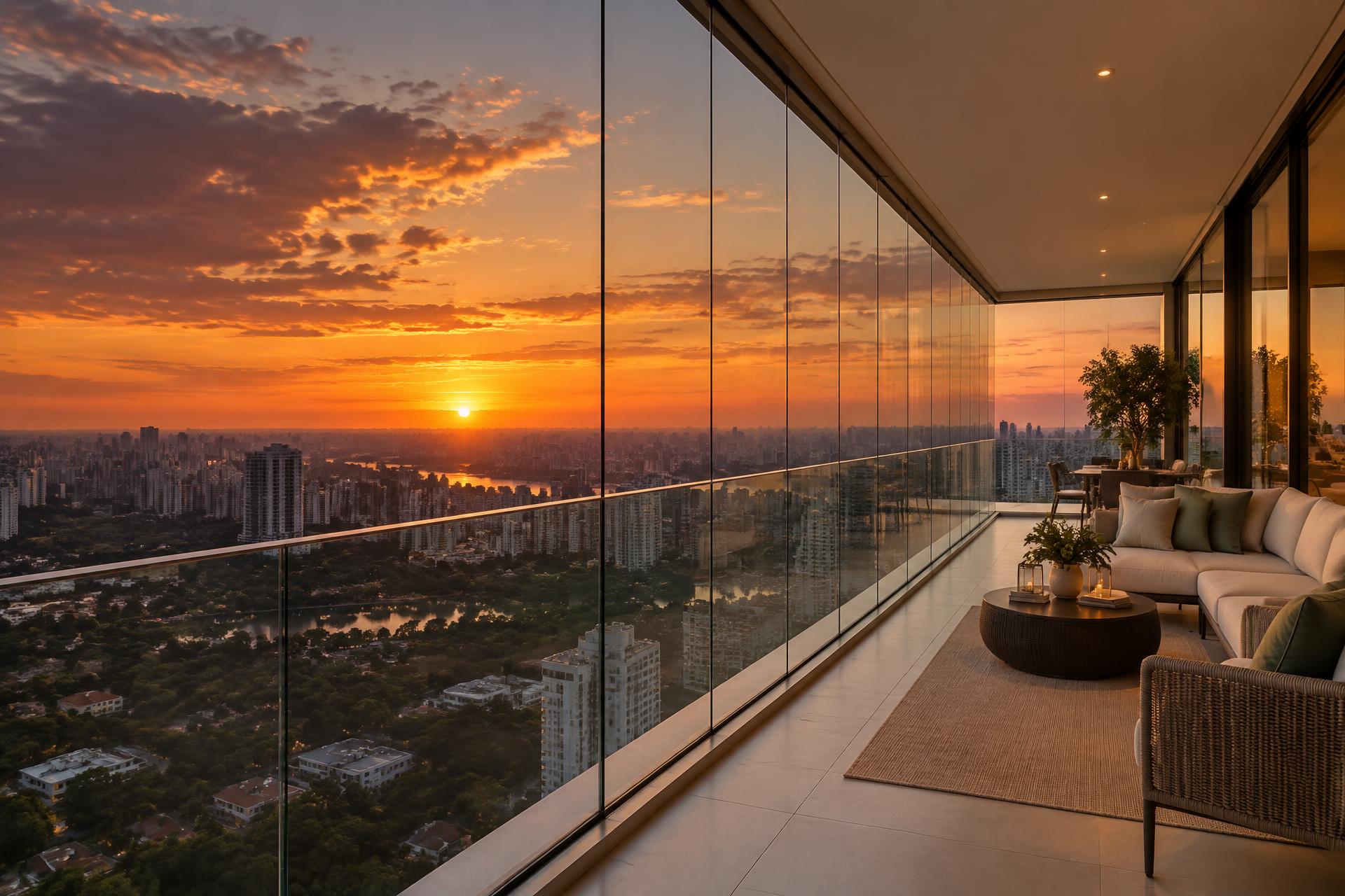 Sacada envidraçada com vista para São Paulo ao pôr do sol